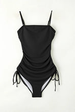 Black Ribbed One Piece Swimsuit with Drawstring Chest and Removable Padding
