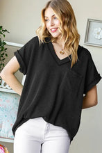 Black ribbed pocket short sleeve V-neck top for women