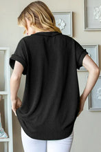 Black ribbed pocket short sleeve V-neck top for women