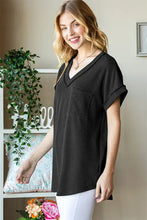 Black ribbed pocket short sleeve V-neck top for women