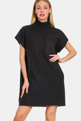 Black Ribbed Short Sleeve Sweater Mini Dress Black