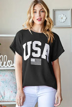 Black ribbed short sleeve tunic with USA graphic and flag