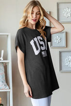 Black ribbed short sleeve tunic with USA graphic and curved hem