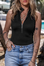 Black Ribbed Sleeveless Zip Up Tank Top for Women Black