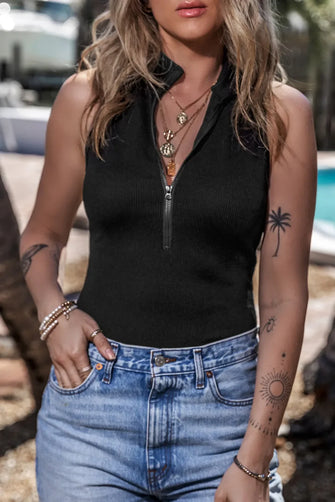 Black Ribbed Sleeveless Zip Up Tank Top for Women Black