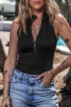 Black Ribbed Sleeveless Zip Up Tank Top for Women