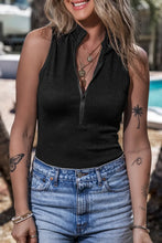 Black Ribbed Sleeveless Zip Up Tank Top for Women