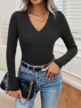 Black Ribbed V-Neck Long Sleeve Sweater for Women Black