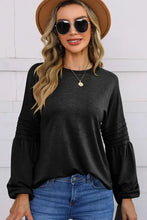 Womens black round neck balloon sleeve long sleeve top with pleated cuffs