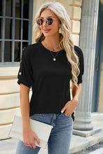 Black round neck buttoned short sleeve top for women