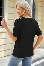 Black round neck buttoned short sleeve top for women