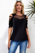 Black round neck cold shoulder top with short sleeve length