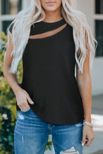 Top negro de mujer con cuello redondo acanalado y detalle asimétrico de malla transparente con recorte