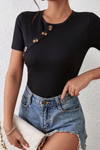 Black Round Neck Short Sleeve Bodysuit with Decorative Buttons