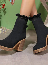 Black Ruffle Trim Chunky Heel Knit Ankle Boots for Women Woman Boots