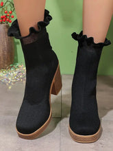 Black Ruffle Trim Chunky Heel Knit Ankle Boots for Women Woman Boots