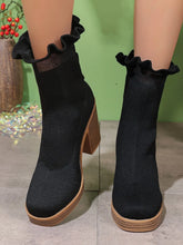 Black Ruffle Trim Chunky Heel Knit Ankle Boots for Women Black