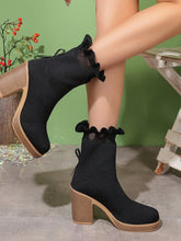 Black Ruffle Trim Chunky Heel Knit Ankle Boots for Women