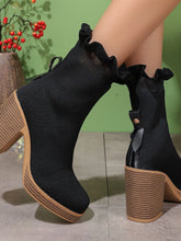Black Ruffle Trim Chunky Heel Knit Ankle Boots for Women