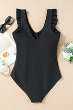 Black Ruffled Chest One Piece Swimsuit Stretchy Swimwear Swimwear