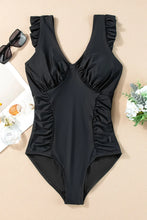 Black Ruffled Chest One Piece Swimsuit Stretchy Swimwear