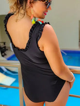 Black Ruffled One Piece Swimsuit with Tied Chest and Removable Padding Swimwear