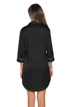 Black Satin Button-Down Nightshirt with White Trim Sleeveless Sleep Dress
