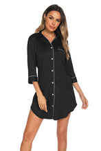 Black Satin Button-Down Nightshirt with White Trim Sleeveless Sleep Dress