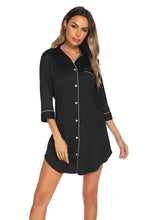 Black Satin Button-Down Nightshirt with White Trim Sleeveless Sleep Dress Sleep Dresses
