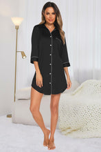 Black Satin Button-Down Nightshirt with White Trim Sleeveless Sleep Dress Black