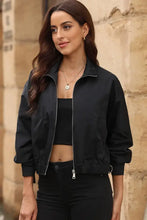Black satin collared bomber jacket with cropped sleeve length