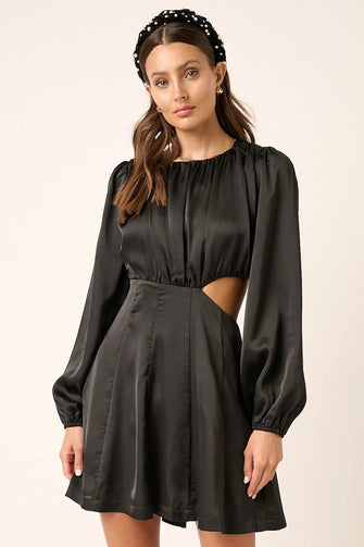 Black Satin Long Sleeve Cutout Mini Dress BLACK