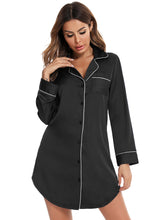 Black Satin Long Sleeve Nightshirt with White Trim