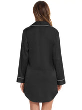 Black Satin Long Sleeve Nightshirt with White Trim Sleep Dresses