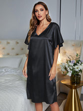 Black Satin Nightgown Short Sleeve Solid V Neck Sleep Dress