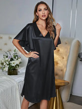 Black Satin Nightgown Short Sleeve Solid V Neck Sleep Dress Sleep Dresses