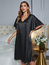 Black Satin Nightgown Short Sleeve Solid V Neck Sleep Dress