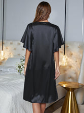 Black Satin Nightgown Short Sleeve Solid V Neck Sleep Dress