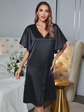 Black Satin Nightgown Short Sleeve Solid V Neck Sleep Dress Black