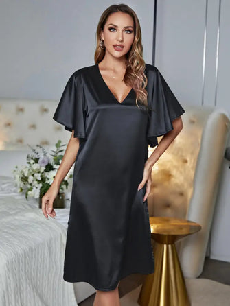 Black Satin Nightgown Short Sleeve Solid V Neck Sleep Dress Black Sleep Dresses