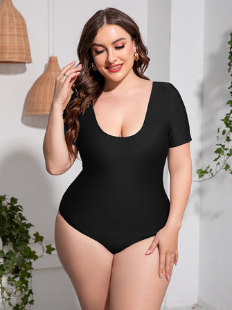 Black Scoop Neck Short Sleeve Bodysuit Swimwear Black