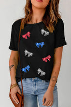 Black Sequin Bow Pattern T-Shirt for Women Black