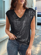 Black Sequin Cap Sleeve Top with Leather Skirt Outfit for Women Black