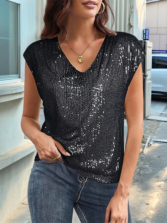 Black Sequin Cap Sleeve Top with Leather Skirt Outfit for Women Black
