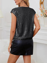 Black Sequin Cap Sleeve Top with Leather Skirt Outfit for Women