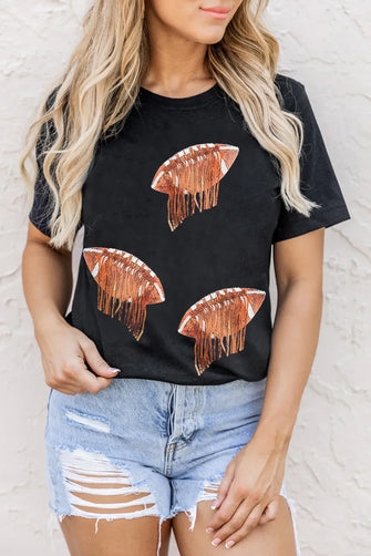 Black Sequin Football Graphic T-Shirt for Women Black