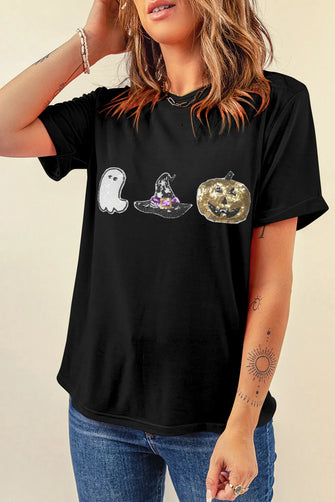Black Sequin Halloween T Shirt for Women Black