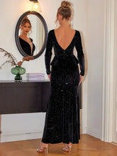 Black sequin plunge long sleeve peplum maxi dress with V-neck and open back