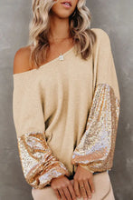 Gold sequined off-the-shoulder top with ribbed hem and bell sleeve length