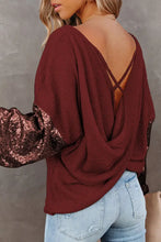 Burgundy sequin puff sleeve top with bell sleeve length